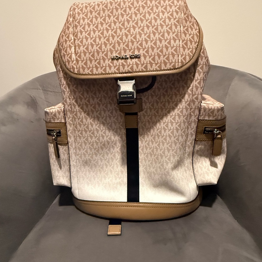 Michael Kors Brown and White Backpack with Monogram Design